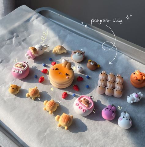 The clay cafe 🐰 | Pre-baked polymer clay charms 🥐🥞🐱 #polymerclay #polymerclaycharms #polymerclayart #tinyart #polymerclaycreation #cuteart #kawaii #クレイ #클레이... | Instagram How To Dry Polymer Clay, Polymer Clay Kawaii Food, Polymer Clay Mini Figures, Clay Gift Ideas For Men, Clay Ideas Polymer, Cute Polymer Clay Figures, Polymer Clay Designs Ideas, Cute Charms Clay, Aesthetic Clay Charms