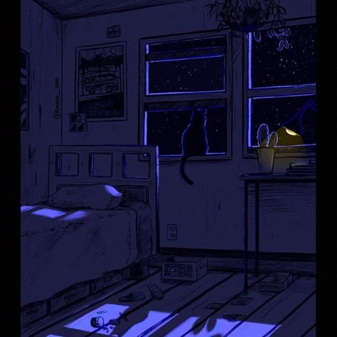 Night Time Shading Digital Art, Night Bedroom Illustration, Night Time Lighting Reference, Night Stars Drawing, Animation Background Art Illustration, Night Street Drawing, Through The Window Painting, Night Scene Illustration, Cat House Illustration