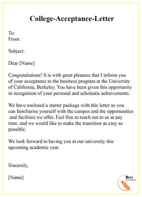 College Acceptance Letter Template – Format, Sample & Examples | Best Letter Template University Acceptance, Formal Letter Template, College Acceptance Letter, Request Letter, Business Letter Format, College Letters, A Formal Letter, College Vision Board, Letter Template Word