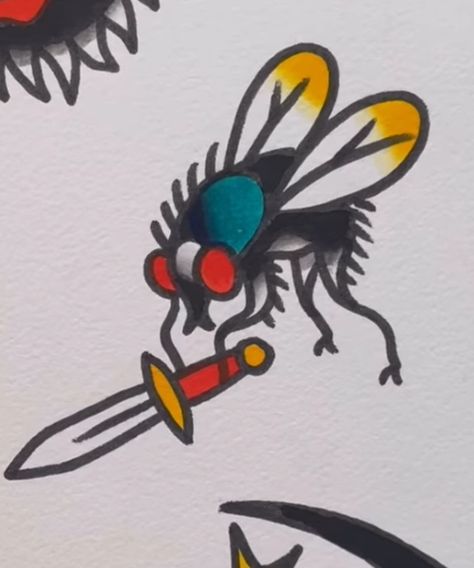 Traditional Submarine Tattoo, Fly Tattoo Traditional, Beetle Finger Tattoo, Nut And Bolt Tattoo, 90s Pop Culture Tattoo, Small Neo Traditional Tattoo Flash Art, Bug Tattoo Color, Eyeball With Wings Tattoo, American Traditional Centipede