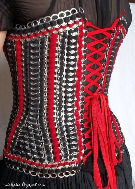 A pop can tab corset - I wonder if a similar design could be used to make "chain mail" for armor costumes? Corset Tutorial, Soda Tab Crafts, Pop Can Tabs, Junk Kouture, Can Tab Crafts, Soda Can Tabs, Pop Tab Crafts, Soda Tab, Tab Crafts