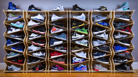 Sneaker Drops! These Are The Hottest Sneakers Releasing This Weekend Most Efficient Shoe Storage, Shose Design Shelf, Shoes Display Design, Ways To Store Shoes, Shoe Display Ideas, Shoe Shelving, Shoe Storage Display, Sneaker Rack, Shoe Storage Design