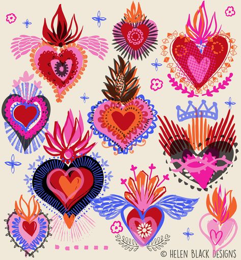 Colorful Mexican Art, Mexican Designs Art, Mexican Design Pattern, Mexican Pattern Design, Mexican Heart Art, Mexican Valentines Day, Mexican Illustration Art, Sacred Heart Illustration, Mexican Style Art