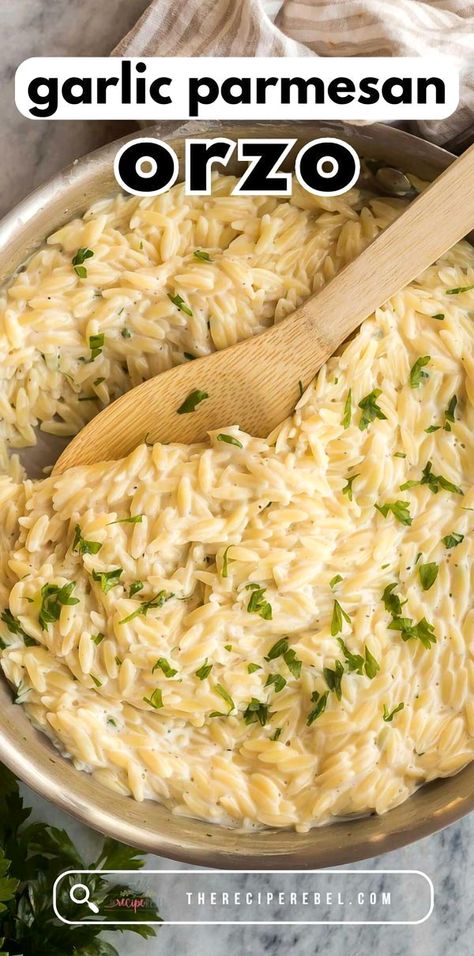 Indulge in the ultimate comfort food with this Creamy Garlic and Parmesan Orzo Delight. Perfect for cozy nights or impressing dinner guests, this dish combines tender orzo pasta with a rich, velvety sauce infused with garlic and topped with a generous sprinkle of Parmesan cheese. Easy to make and bursting with flavor, it's a surefire way to elevate your meal game. Whether you're a seasoned chef or a kitchen newbie, this recipe is a must-try for anyone who loves creamy, cheesy goodness. Creamy Orzo Side Dish, Olive Oil Pasta Side Dish, Orzo Pasta Meals, Creamy Garlic Orzo Recipes, Garlic Parmesan Orzo Pasta, Garlic Parm Orzo Recipes, Creamy Spinach Orzo Recipes, Orzo As A Side Dish, Orzo Caesar Salad