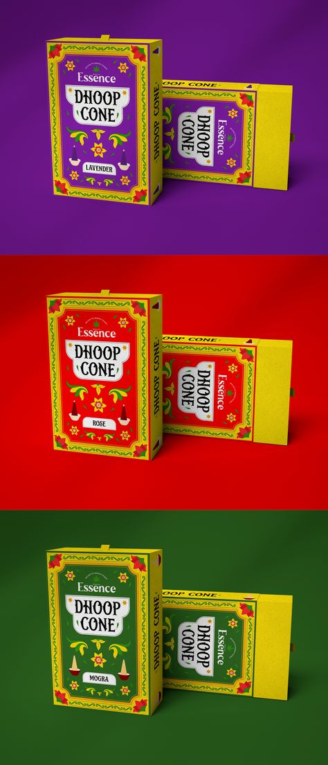 A very unique and colorful packaging design work for Natural Essence Dhoop Cones. Dhoop Cones are a type of incense that is commonly used in India and other parts of the world. They are made by combining various aromatic ingredients such as herbs, resins, spices, and essential oils, which are then shaped into a cone form and dried. Creative Spice Packaging, Cone Packaging, Colorful Packaging Design, Spice Packaging Design, Incense Cone Packaging, Indian Spice Box, Colorful Packaging, Natural Essence, Sugar Cones