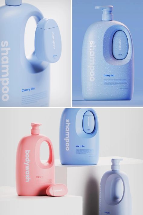 Travel Size Packaging, Japanese Product Packaging, Innovative Bottle Design, Unique Shampoo Bottle Design, Beauty Bottle Design, Cool Bottle Design, Travelling Gadgets, Innovative Product Design Ideas, Shampoo Bottle Design