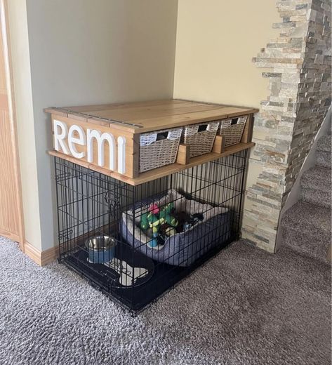 Dog Area In Bedroom Ideas, Make Dog Crate Pretty, Dog Storage Organization, Puppy Corner Ideas In Bedroom, Puppy Room Set Up, Dog Supply Storage Ideas, Dog Room Set Up, Puppy Organization Ideas, Aesthetic Dog Crate Ideas