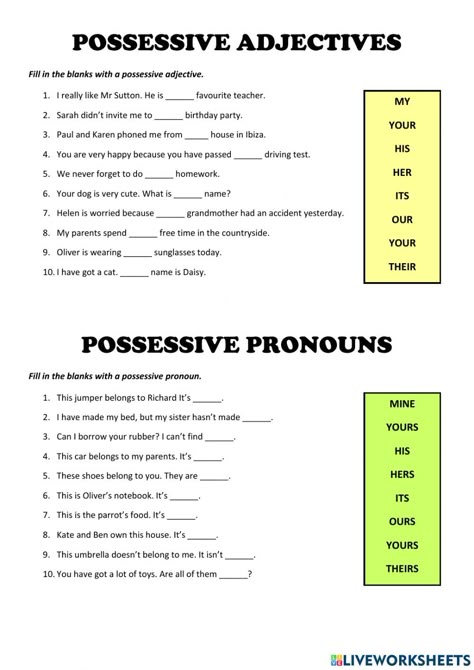 Possessive Pronouns Worksheet Grade 2, Possesive Adjective 's Worksheet, Possessive Adjectives Worksheets Grammar, Adjective Pronouns Worksheet, Possesive Pronounce Worksheets, Posessive Pronouns, Possessive Adjectives Worksheets, Possessive Pronouns Activities, Possessive Pronouns Worksheet