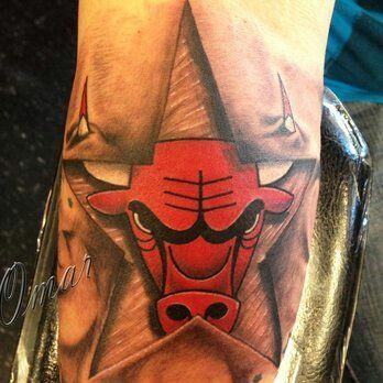 Bison Tattoo Ideas, Bulls Tattoo, Chicago Bulls Tattoo, Jordan Tattoo, Flesh Tattoo, Outer Forearm Tattoo, Sport Tattoos, Chicago Tattoo, Chicago Bulls Logo