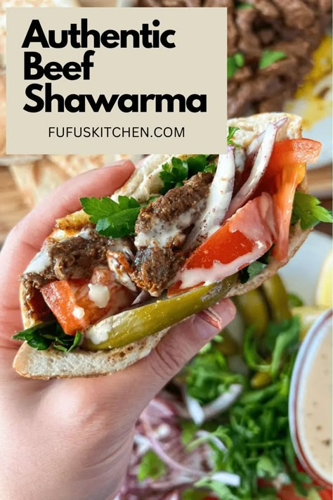 Beef shawarma is a very popular street food commonly found in the Middle East. The steak is marinated with an array of spices, stuffed in a pita or wrap, then topped with tahini sauce & several vegetables. It is one delicious mouthful of flavors and textures. Beef Shawarma Wrap, Beef Schwarma Recipes, Shawarma Recipe Beef, Schwarma Recipes, Beef Shawarma Recipe, Beef Shawarma, Ramadan Recipe, Shawarma Seasoning, Sandwich For Lunch