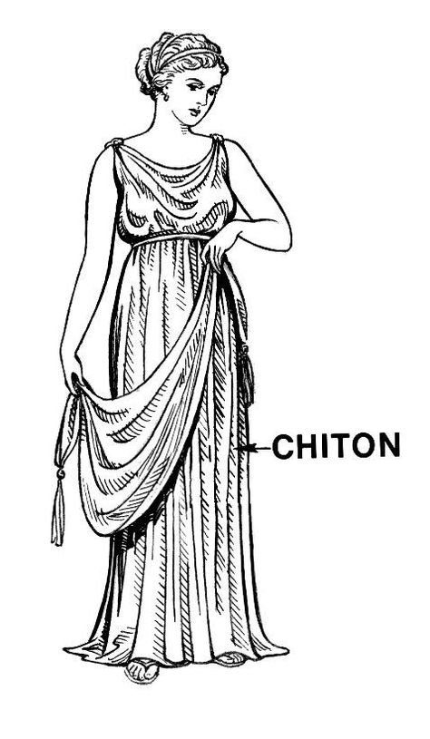 A chiton was made from a single rectangle of woolen or linen fabric. The chiton was kept together at the waist by a belt. Typically sleeveless, those who wore sleeved chitons were priests and actors in Greece. There are many different types of chitons. Doric Chiton, Ancient Greece Clothing, Greek Chiton, Ancient Greece For Kids, Ancient Greece Fashion, Greece Dress, Ancient Greek Clothing, Famous Clothes, Greece Women