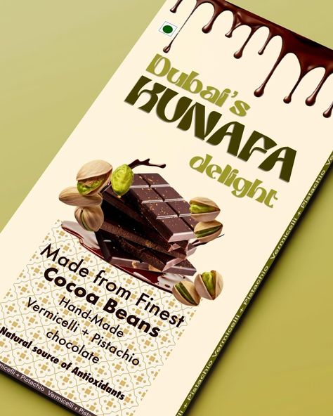 Excited to share my latest packaging design for Kunafa chocolate! 🍫✨ Blending tradition with elegance has been such a rewarding experience. I had so much fun working with this colour palette!! What do you think of this design???💚🤎 #GraphicDesign #PackagingDesign #kunafachocolate #DesignInspiration #CreativeProcess #ColorPalette #DesignLife #DesignerCommunity #Chocolatier #SweetDesign #EleganceInDesign #FoodPackaging #creativepackaging Kunafa Chocolate, Chocolate Branding, Chocolate Bar Packaging, Chocolate Box Packaging, Chocolate Bar Design, Chocolate Packaging Design, Chocolate Snacks, Chocolate Brands, Mobile Cover