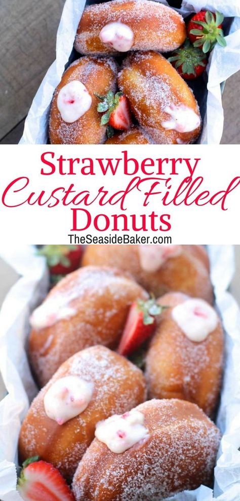 Strawberry Custard, Doughnut Recipes, Homemade Donuts Recipe, Strawberry Donuts, Filled Donuts, Donuts Recipe, Custard Filling, Homemade Donuts, Doughnut Recipe