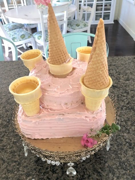 Castle Cake Diy, Castle Cake Tutorial, Easy Castle Cake, Pink Castle Cake, Castle Birthday Cakes, Princess Castle Cake, Cake With Buttercream, Strawberry Cake Mix, Store Bought Cake