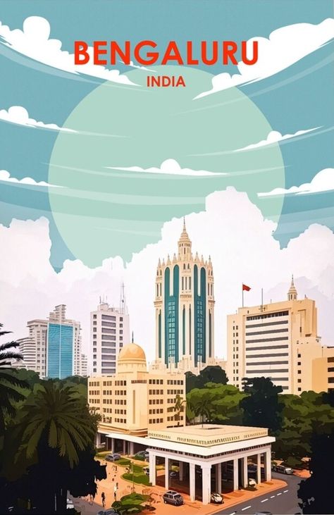 Bangalore Illustration, Canvas Boho Art, Powerbi Dashboard, Incredible India Posters, Namma Bengaluru, Travel Template, City Collage, India Poster, Bangalore City