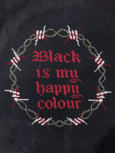 Black is my happy color. Gothic cross stitch with styled lettering on a barbed wire wreath. What's not to like? Black cross stitch pattern PDF - instant download--THIS IS A DIGITAL PATTERN NOT A FINISHED CROSS STITCH PIECE ■ Sizing ■ Pattern size: 98 stitches wide by 95 stitches high Following sizes are based on: 14 count Aida Stitched area: 17.8cm by 17.2cm (7 x 6¾ inches) Fabric size suggested: 33cm by 32cm (13 x 13 inches) (Fabric size includes allowance for mounting) ■ Pattern Content ■ Flos Barbed Wire Wreath, Black Cross Stitch, Gothic Cross Stitch, Black Is My Happy Color, Cross Stitch Border Pattern, Gothic Pattern, Cross Stitch Quotes, Cross Stitch Fonts, Finished Cross Stitch