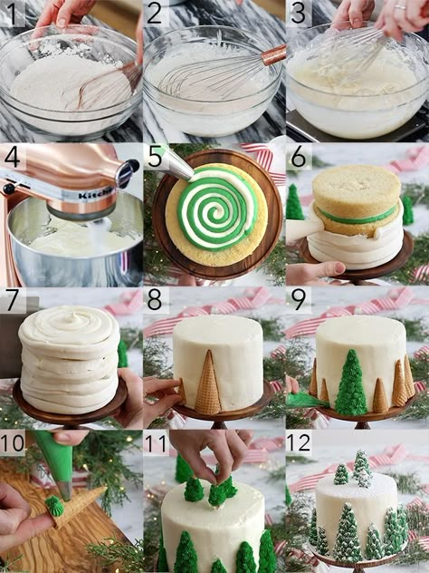 A photo collage showing the steps to make a vanilla Christmas tree cake Vanilla Christmas, Torte Creative, Frosting Ideas, Ideas Cupcakes, Tree Cake, Tree Cakes, Christmas Tree Cake, Christmas Cakes, Holiday Cakes