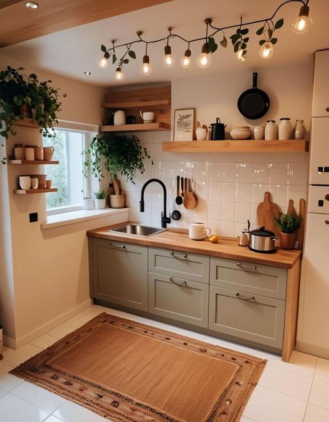 Kitchen No Counter Space, Nordic Kitchen Ideas, Kitchen Goals, Dream Cottage, Green Cabinets, House Remodel, Apartment Kitchen, Tiny Kitchen, Dream Houses