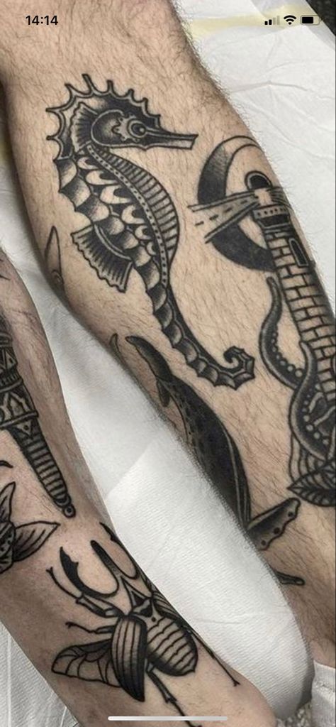 Trad Sea Tattoo, Sea Horse Tattoo Traditional, American Traditional Seahorse Tattoo, Nautical Patchwork Tattoo, Ocean Tattoos Black And White, Traditional Ocean Tattoo Sleeve, Old School Sea Tattoo, Old School Patchwork Tattoo, American Traditional Ocean Tattoo