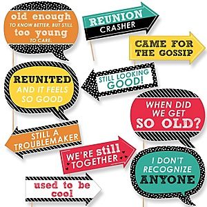 Reunited - School Class Reunion | BigDotOfHappiness.com School Reunion Decorations, Class Reunion Planning, 50th Class Reunion Ideas, Family Reunion Photos, High School Class Reunion, Class Reunion Decorations, Funny Photo Booth, Reunion Decorations, Diy Photo Booth Props