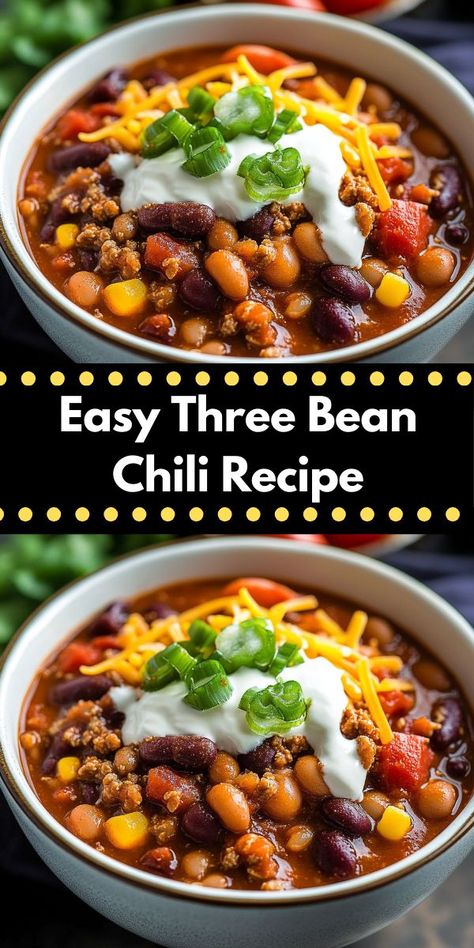 Need dinner ideas easy to whip up? This Three Bean Chili Recipe is ideal! As one of the most flavorful chili recipes, it's perfect for chili meals and dinner recipes for family, especially in a crockpot. Chili Meals, Three Bean Chili Recipe, Three Bean Chili, Bean Chili Recipe, Hearty Chili, Chili Recipe Crockpot, Easy Chili, Bean Chili, Chili Recipe Easy