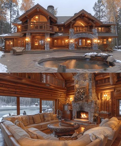 Log Cabin Ideas Cabin Style Mansion, Log Cabin Mansions Dream Homes, Cabin Mansion Floor Plans, Beautiful Log Cabins, 3 Story Cabin, Big Cabin Houses, Inside Log Cabin Homes Interiors, Luxury Cabins Mountain Dream Homes, Big Country Homes