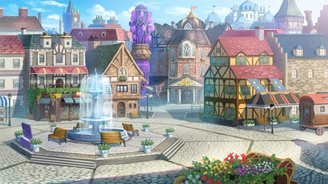 Fantasy Town, Anime Places, Fantasy Background, Rpg Map, Scenery Background, Fantasy City, Fantasy Setting, Anime Backgrounds, Fantasy Places