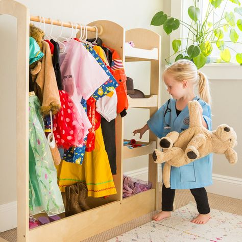 Dramatic Play Dress Up, Kids Dress Up Station, Costume Storage Kids, Dress Up Clothes Organization, Kids Dress Up Area, Toddler Dress Up Station, Preschool Interior Design, Kids Dress Up Storage, Dress Up Clothes Storage