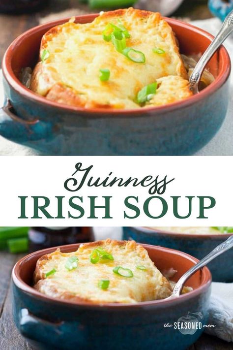 My favorite easy recipe for French Onion Soup gets an Irish twist in this Guinness Irish Soup -- just in time for St. Patrick's Day! A subtle hint of Guinness Stout is added to the broth, while a thick slice of garlic bread is smothered in Irish Cheddar Cheese. It's a delicious spin on a classic recipe, and it's the perfect St. Patrick's Day dinner! Irish Soup, Irish Desserts Traditional, Irish Dinner, Irish Recipes Authentic, English Recipes, Heritage Recipes, Irish Cooking, Work Recipes, Irish Recipes Traditional