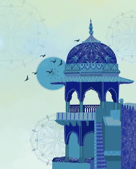 Udaipur Illustration Art, Indian Building Illustration, Rishikesh Illustration, Rajasthan Illustration Art, Jaipur Illustration Art, Mughal Architecture Painting, Mughal Art Paintings Illustrations, Indian Architecture Illustration, Indian Illustration Culture