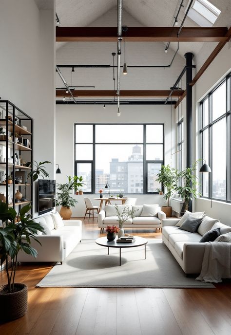 Industrial Living Room Industrial Glam Decor Living Room, White Industrial Interior, Warehouse Apartment Aesthetic, Organic Industrial Interior, Light Industrial Interior, Industrial Living Room Apartment, Industrial Scandinavian Interior, Warehouse Apartments, Glam Decor Living Room