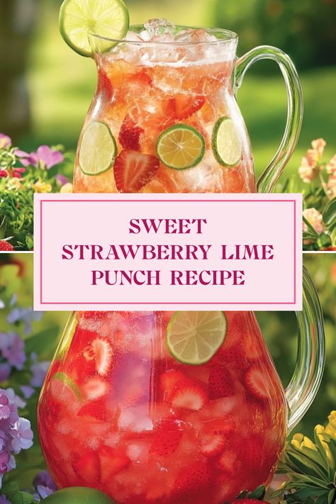 Images of Sweet Strawberry Lime Punch in a glass and a beautifully set outdoor drink station. Ideal for summer parties, this recipe showcases how to create a refreshing celebration cocktail with sweet strawberry flavor and a zesty lime twist. Juice Ideas Party, Punch Drinks Party, Tequila Party Punch, Pink Punch For Birthday Party, Party Pitcher Drinks, Birthday Punch Recipes, Wedding Shower Punch, Valentines Punch, Baby Shower Strawberry Theme