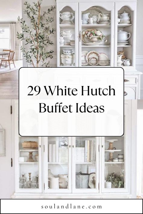 Unveil the elegance of your cherished china with our selection of white hutch buffets, where functionality meets aesthetic grace. Picture a pristine white backdrop that not only brightens your dining area but also serves as a canvas for your beautiful china to shine. Our guide dives into the charm of these classic pieces, offering styling tips to enhance your display while keeping your treasures organized and accessible. White China Cabinet With Dark Interior, Wall To Wall China Cabinet, French Country China Cabinet Decor, Decorated Hutches Farmhouse Style, Living Room With China Cabinet, White China Cabinet Dining Room, China Cabinet Display Ideas Dining Room, How To Display Crystal In China Cabinet, Built In China Cabinet Dining Room Display