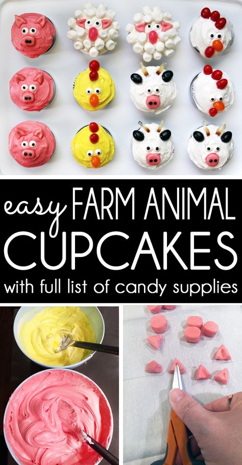 You'll be mom-of-the-year when you make these easy farm animal cupcakes. This post has the full list of candy ingredients and some helpful tips for creating these simple but adorable pig cupcakes, sheep cupcakes, chicken cupcakes, cow cupcakes, and rooster cupcakes! Easy Farm Cupcakes, Rooster Cupcakes, Animal Cupcakes Easy, Farm Cupcakes, List Of Candy, Chicken Cupcakes, Sheep Cupcakes, Cow Cupcakes, Farm Birthday Cakes