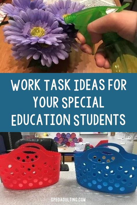 Work tasks are a great way for students to practice life skills and vocational skills in the special education classroom. But what if traditional work tasks or task box activities aren’t accessible to all your students? How can you adapt work tasks to meet the needs of all your students, regardless of their level? Here you’ll find my favorite work tasks ideas and activities for special education students along with how they can be adapted to meet the needs of students of all levels. Vocational Task Boxes Special Education, Work Skills For Special Ed, Independent Work Tasks For Preschool, School Jobs For Students With Special Needs, Vocational Tasks Special Education Life Skills Classroom, Life Skills Classroom Activities, Work Tasks For Special Education, Job Skills Special Education, Diy Task Boxes For Special Education