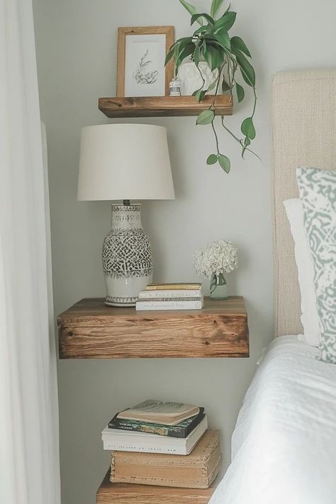 "Transform your bedroom with the functionality of DIY Floating Nightstands! 🛠️🛏️ Ideal for adding style without taking up floor space. 🌿✨ #DIYFurniture #FloatingNightstand #HomeProjects" Small Bedroom Nightstand Ideas, Floating Nightstand Diy, Decorating A Rental, Inside Kitchen Cabinets, Floating Nightstands, Expand Furniture, Room Divider Bookcase, Guest Bedroom Remodel, Nightstand Ideas