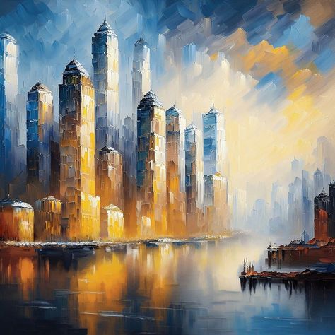 Skyscraper Painting, High Resolution Prints, Impasto Art, Beautiful Oil Paintings, City Landscape, Aspect Ratio, Jpg File, Impressionism, Online Printing