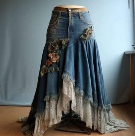 Diy Clothes Design Dresses, Denim And Lace Skirt, Upsicle Clothes Ideas, Lace Skirt Over Jeans, Clothing Upcycle Ideas, Upcycle Clothes Diy Refashioning Trash To Couture, Diy Clothing Design Ideas, Upcycling Jeans Ideas, Upcycle Clothes Ideas