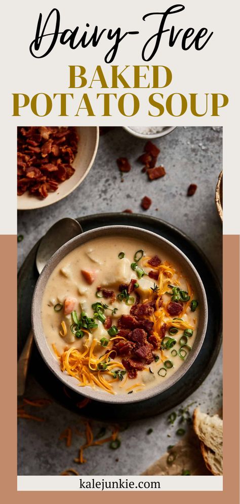 Healthy Baked Potato Soup, Healthy Baked Potato, Crockpot Dairy Free, Dairy Free Potato Soup, Dairy Free Soup Recipe, Gluten Free Dairy Free Dinner, Dairy Free Cooking, Dairy Free Meals, Dairy Free Recipes Dinner