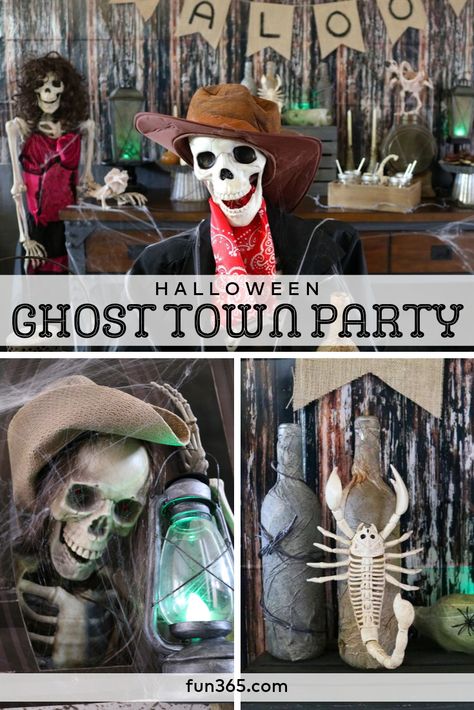 Skeleton Halloween Party Ideas, Haunted Saloon Halloween, Haunted Western Halloween, Ghost Town Halloween Party, Halloween Hoedown Party, Wild West Halloween Decorations, Wild West Halloween Party, Skeleton Themed Halloween Party, Western Halloween Party