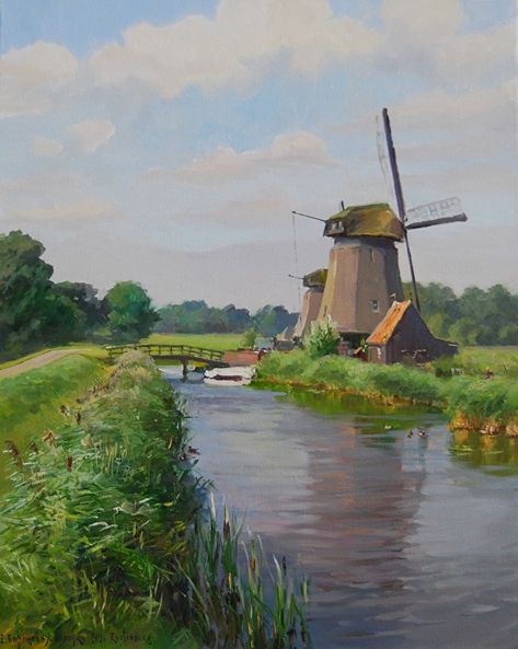 #PleinAir #Holland #DutchWindMills #Oterleek Windmill Pictures, Dutch Landscape, Watercolor Landscape Paintings, Pattern Texture, Memorial Keepsakes, Fun Art, Watercolor Landscape, Sunny Day, Watercolour Painting