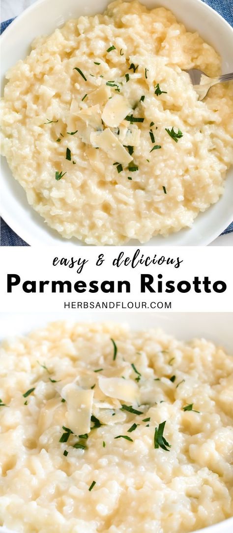 This easy, delicious and creamy Parmesan Risotto is easier to make than you think! Serve as a side dish or top with seared scallops or shrimp for a delicious gourmet meal in your own home! Blue Cheese Risotto Recipe, Scallop And Rissoto, Light Risotto Recipes, White Wine Risotto Recipes, Creamy Shrimp Risotto, Fancy Risotto Recipes, Creamy Parmesan Risotto, Fancy Dinner Side Dishes, Rissoto Recipes Seafood