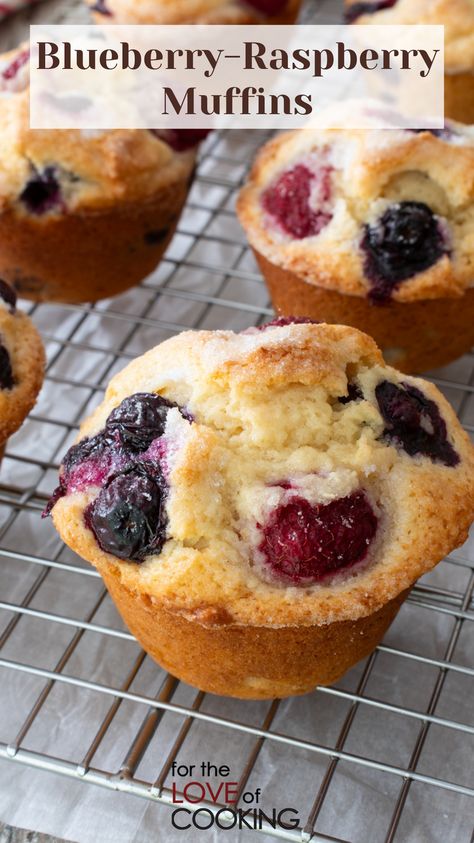 Made with fresh berries and pantry ingredients, these tender blueberry-raspberry muffins are bursting with tart berry flavor and are so easy to make. #recipes #muffins #blueberry #raspberry #baking #bakingfromscratch #blueberries #raspberries