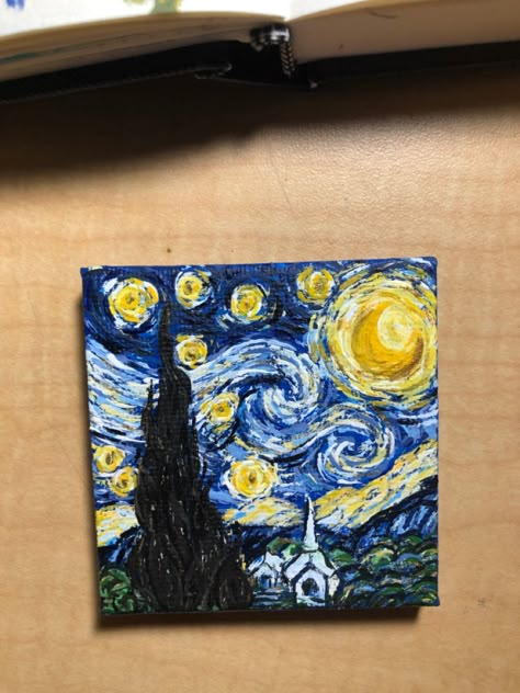 Acrylic Van Gogh mini canvas painting Starry Night Small Canvas, Van Gogh Canvas Painting, Mini Starry Night Painting, Small Paintings Acrylic, Starry Night Mini Canvas, Mini Paintings Ideas Aesthetic, Aesthetic Mini Canvas Paintings, Mini Paintings Aesthetic, Small Painting Ideas Mini Canvas