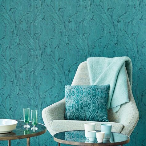 Nilaya by Asian Paints on Instagram: “A vision in glittering turquoise blue. Immerse, surround, envelop and drape your space in the glory of a shade you love. This wallcovering…” Wall Texture Design Living Rooms, Teal Room Decor, Textured Wall Paint Designs, Asian Paints Wall Designs, Asian Paint Design, Wall Paint Texture, Home Wall Colour, Blue Painted Walls, Wall Painting Living Room