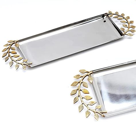 Amazon.com: Extra Long Decorative Oval Centerpiece Silver Serving Tray with Accents by Gute - Stainless Steel Metal & Brass, Gold Leaves Trim Accent Design, Serveware Foods Home Decor Gifts 21"x6" : Home & Kitchen Silver Serving Tray, Carved Tray, Silver Serving Trays, Elegant Tray, Metal Furniture Legs, Flower Tray, Fancy Dinner Party, Gold Tray, Silver Trays