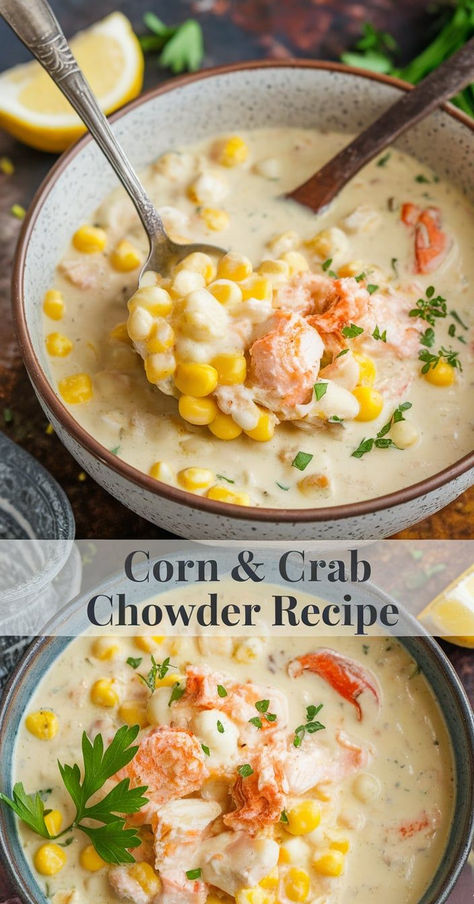 Savor the coastal flavors of this Corn and Crab Chowder. A creamy, satisfying soup with tender crab meat and sweet corn, ideal for a warm, comforting meal. Crab Dishes Dinners Meals, Best Crab Recipes, Crab Rangoon Soup, Crab Meat Recipes Dinners, Crab Corn Chowder Recipe, Canned Crab Meat Recipes, Crab Pot Pie, Can Crab Meat Recipes, Imitated Crab Recipes