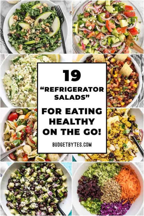 Cook once and eat healthy all week with these 19 Refrigerator Salads that hold up well and stay delicious even after days of refrigeration! BudgetBytes.com #salad #healthyrecipes Roasted Vegetable Couscous, Greek Chicken Pasta, Vegetable Couscous, Roasted Cauliflower Salad, Homemade Balsamic Vinaigrette, Pasta Varieties, Lunch Salads, Roasted Vegetables, Eat Healthy