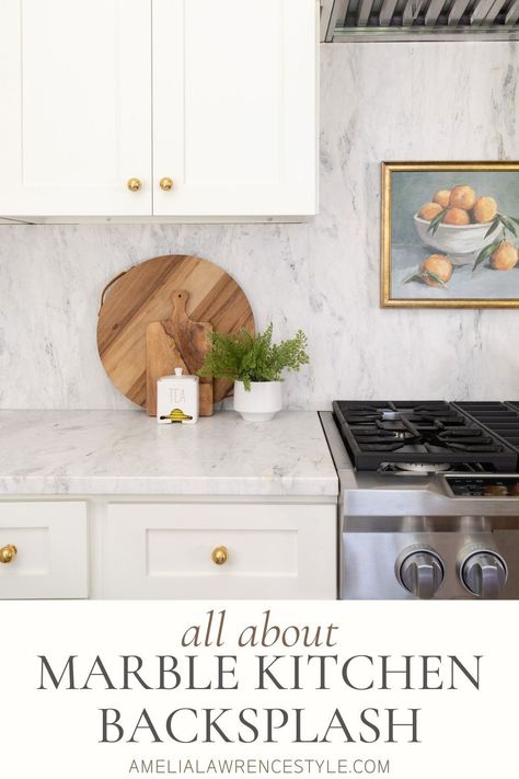 My favorite element of our kitchen design is our marble backsplash. It flows so seamlessly with our countertop and the overall design is just lovely. White Kitchen Cabinets Marble Backsplash, Marble Backsplash And Countertop, Marble Countertop And Backsplash Kitchen, Marble Kitchen Countertops And Backsplash, Carrara Marble Kitchen Backsplash, Kitchen Countertop As Backsplash, White Kitchen With Marble Backsplash, Solid Marble Backsplash Kitchen, Laminate Countertops And Backsplash