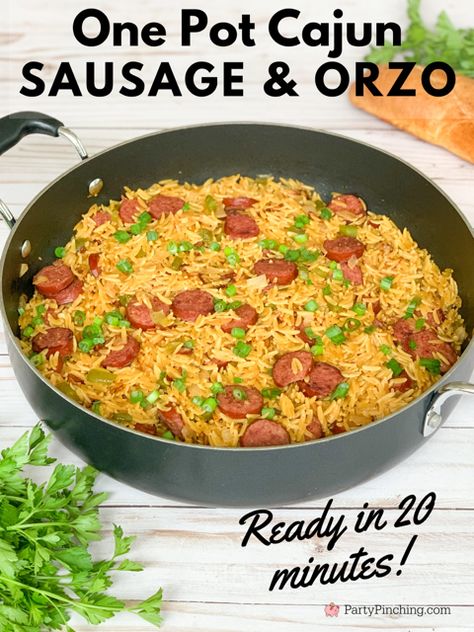 Cajun Orzo Recipes, Sausage And Orzo Recipe, Orzo Sausage Recipes, Sausage Orzo Recipes, Cajun Sausage Recipes, Cajun Sausage Recipe, Meal With Sausage, Cajun Orzo, Sausage And Orzo